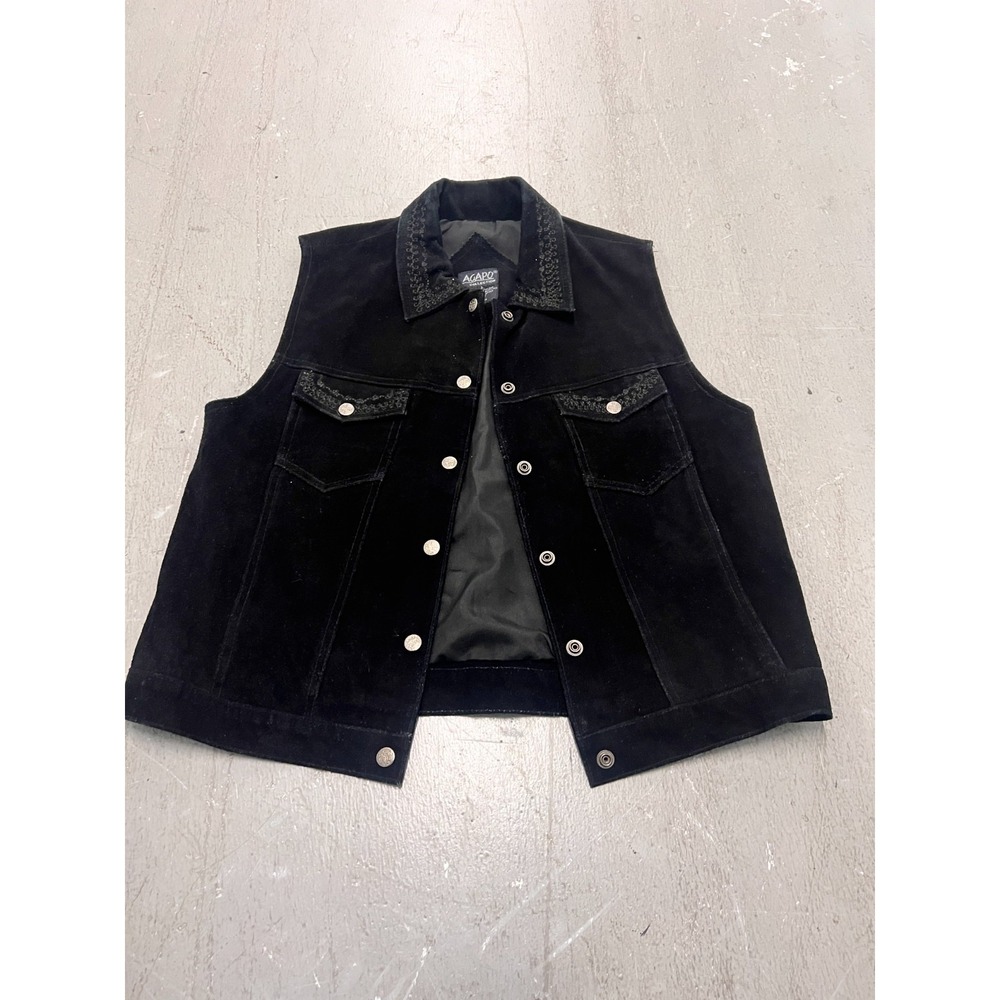 Vintage Agapo Vest Women Medium Black Suede Leather Embroidered Snap Button Boho